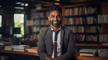 Fototapeta premium Smiling man in a suit and tie is standing in a library with bookshelves filled with books in the background.