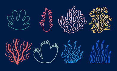 Seaweed alga marine sea plant aquatic reef isolated set. Vector flat graphic design illustration
