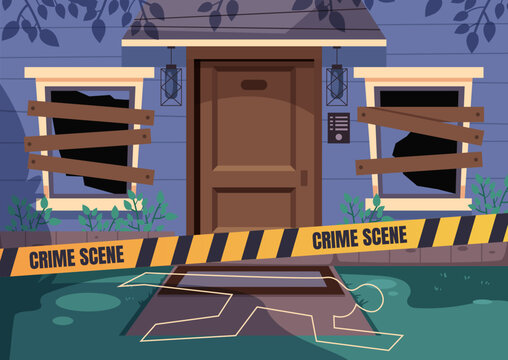 Abandoned house fasade crime criminal scene yellow tape zone concept. Vector flat graphic design illustration