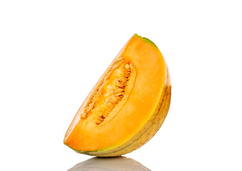 One half ripe sliced melon, close-up, isolated on white.