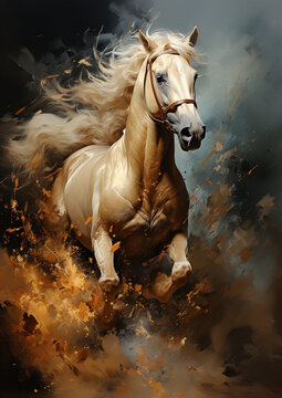 Horse gallops on the dust, epic moment. Freedom horse running in the dark background. AI Generative
