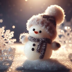 Snowman with scarf and snowflake on bokeh background.