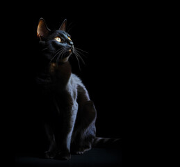 Portrait of black cat looking up on a black background with copy space