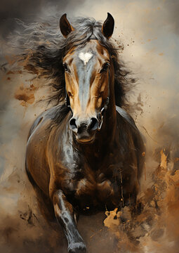 Horse gallops on the dust, epic moment. Freedom horse running in the dark background. AI Generative