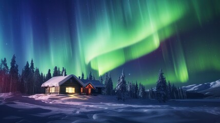winter landscape with wooden cottage and North Light in the nights sky