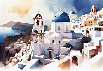 Santorini, Greece watercolor artwork. AI generative