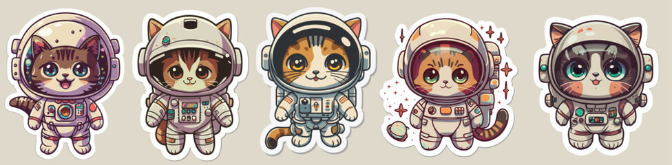 kitten in an astronaut suit sticker, vibrant colors anime style on white background, vector illustration