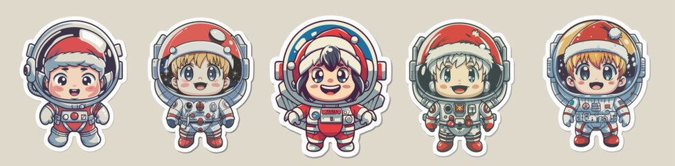 Santa Claus Kid in an astronaut suit sticker anime style on white background, vector illustration