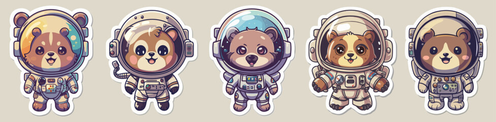 Bear Cub in an Astronaut Suit Sticker Anime Style on White Background, Vector Illustration