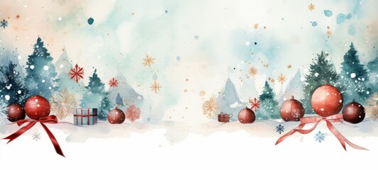 Christmas banner Illustration watercolor minimalism texture. Christmas banner Horizontal theme. For banners, posters, gift cads, advertising. AI generated.