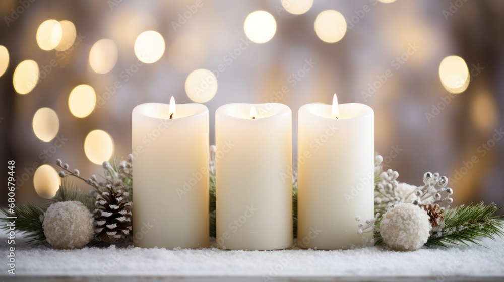 Poster  a group of three white candles sitting on top of a table next to a pine cone and a pine cone with a pine cone in the middle of the candles.