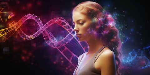 A Beautiful Woman with a Pink Magenta DNA String Background, Signifying the Intersection of Beauty and Cutting-Edge DNA Technology