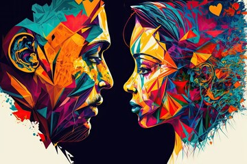 Two faces of man and woman in abstract style
