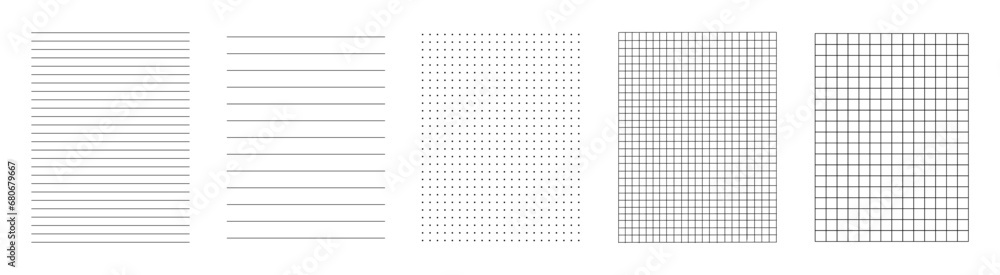 Poster Lines paper page isolated, dots and cells notebook pattern, technical blank, grid banner set, square graph project texture, mockup template copybook, school checkered sheet backdrop - stock vector