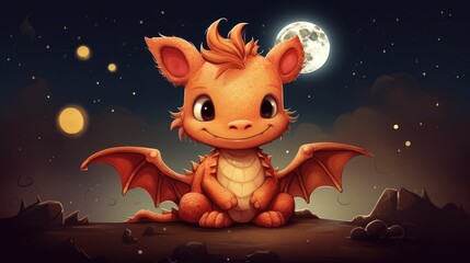  a little orange dragon sitting in the middle of a field with a full moon in the sky behind it and a full moon in the sky with stars in the background.