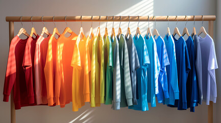 Camisetas de muchos colores colgadas en perchas