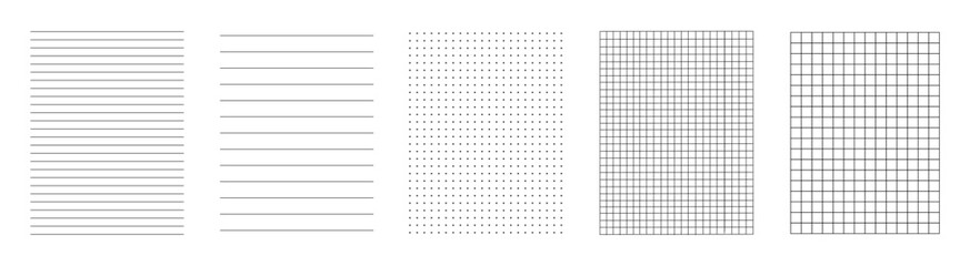 Lines paper page isolated, dots and cells notebook pattern, technical blank, grid banner set, square graph project texture, mockup template copybook, school checkered sheet backdrop - stock vector - obrazy, fototapety, plakaty