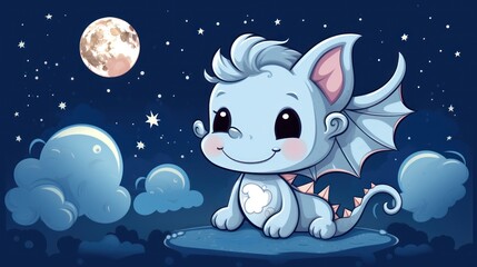 a cute little dragon sitting on top of a cloud in the night sky with a full moon behind it and stars and clouds in the sky behind it is a full moon.