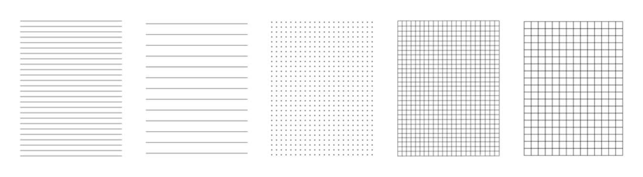 Lines paper page isolated, dots and cells notebook pattern, technical blank, grid banner set, square graph project texture, mockup template copybook, school checkered sheet backdrop - stock vector