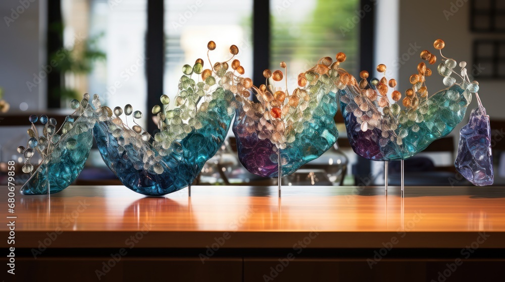 Poster a group of glass vases sitting on top of a wooden table in front of a window with a view of the outs