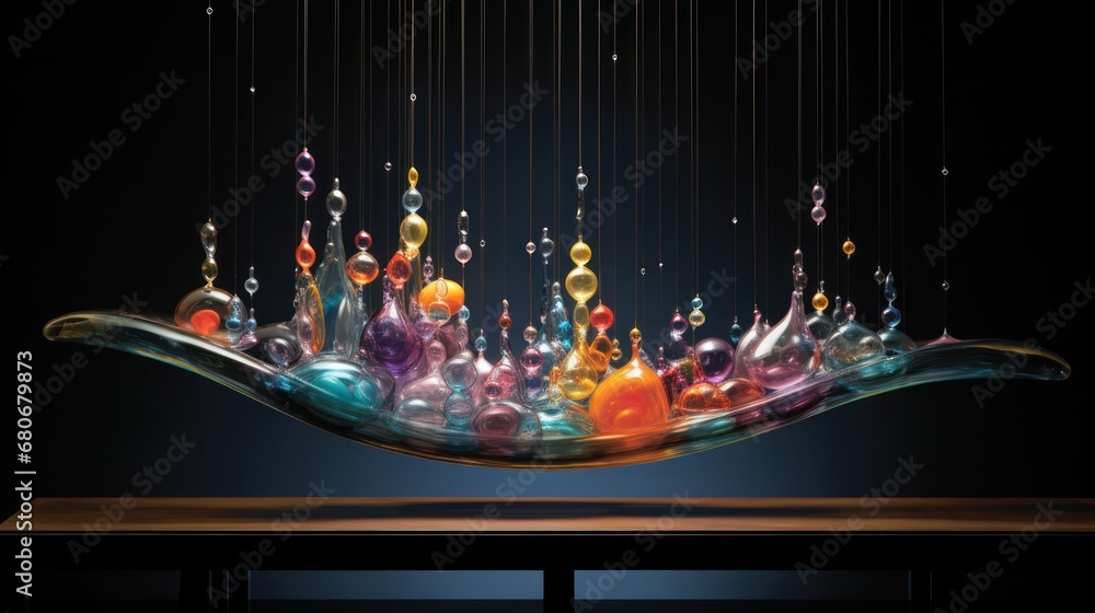 Poster a table with a wooden table top and a painting of a wave of liquid and bubbles hanging from the top 