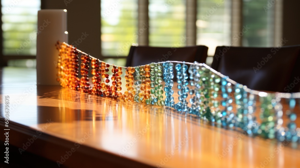 Poster a close up of a table with a long beaded table runner on top of a wooden table with a candle in the 