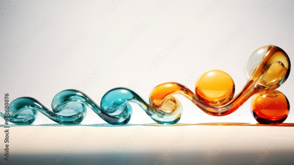 Poster a group of colorful glass objects sitting on top of a white table next to a white wall with a shadow