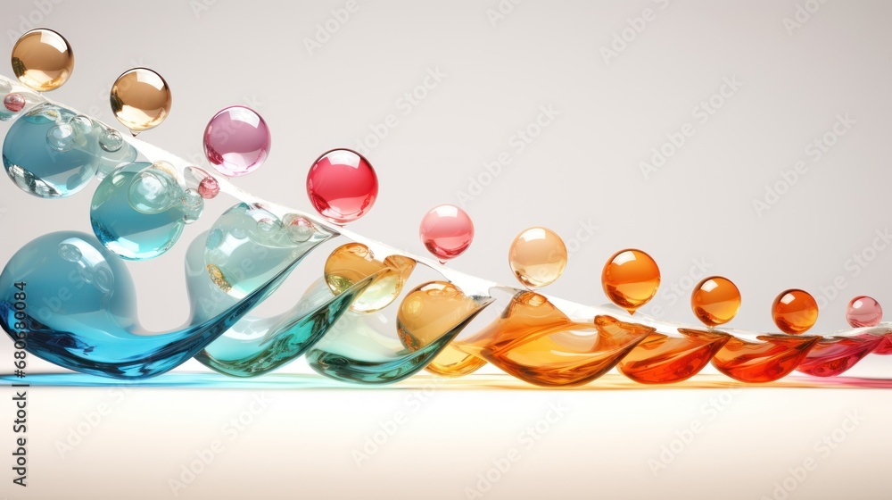 Poster a row of multicolored glass vases sitting on top of a white surface with a line of different colored