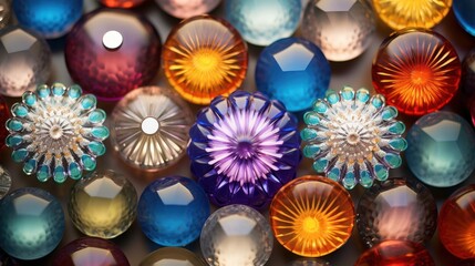  a close up of a bunch of different colored glass beads with a white center surrounded by smaller colored glass beads with a white center surrounded by smaller colored glass beads.