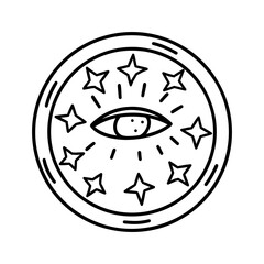 Stylish plate with third eye in center and stars. Theme of spirituality and awareness. Kitchen utensils, tableware. Black and white vector isolated illustration hand drawn doodle icon