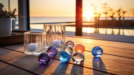  a group of glasses sitting on top of a wooden table next to a vase filled with water and ice cubes on top of a wooden table with a sunset in the background.