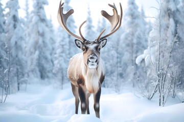 Naklejka na ściany i meble Reindeer with massive antlers wandering in snow