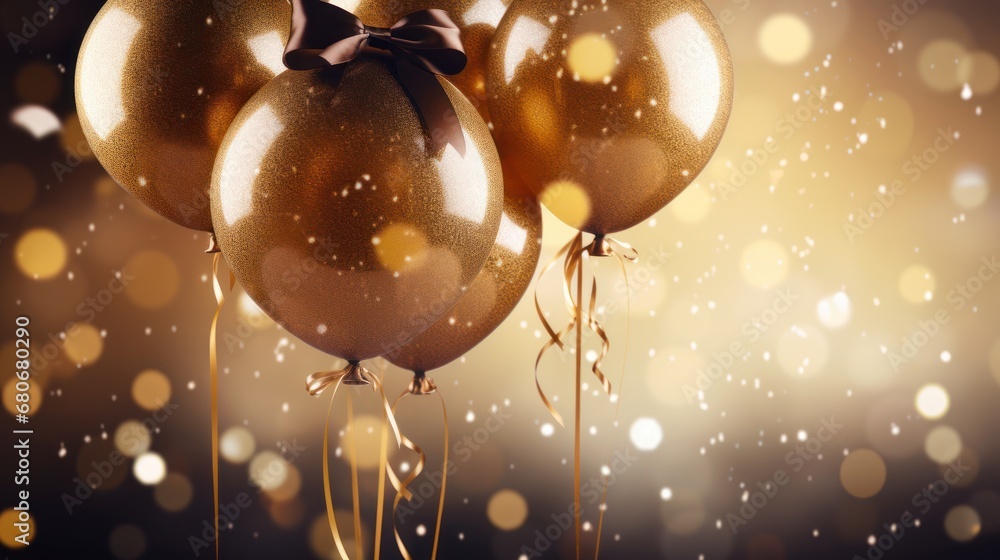 Poster a group of gold balloons with a bow on a string with a boke of lights in the background and snow fla