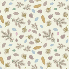 Seamless christmas pattern. Vintage drawing spruce branches and cones. Christmas tree.
