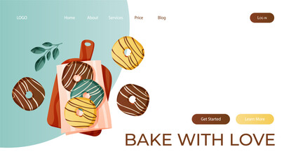 Landing page with homemade baked donuts with toppings in cutting board, pastry products. Pastries from the dough. Baking, bakery shop, cooking, sweet, dessert. Vector for banner, website, banner.