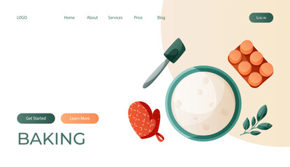 Landing page with homemade dough bowl with eggs, silicone spatula, oven mitt. Kitchen bakery stuff, process of baking. Baking, bakery shop, cooking, sweet, dessert. Vector for banner, website, banner