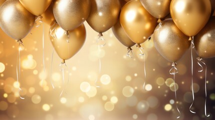  a bunch of gold balloons floating in the air with a boke of lights in the back ground and a blurry background of gold lights in the back ground.