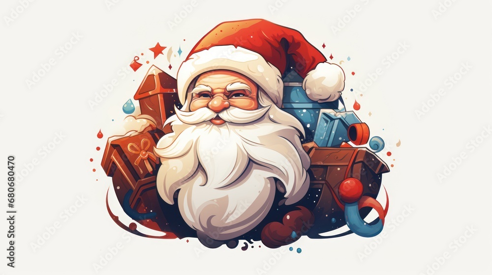 Poster a picture of a santa claus with a bag of presents and a train on a white background with a splash of