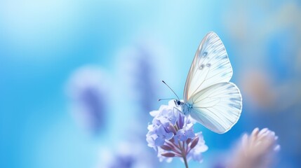 a close up of a butterfly on a flower with a blue sky in the background and a blurry image of a plant with purple flowers in the foreground.