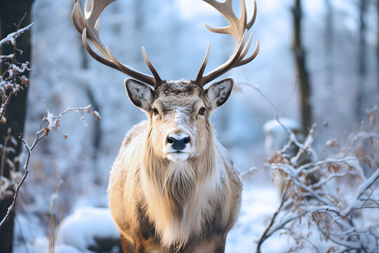 Portrait of a reindeer with massive antlers