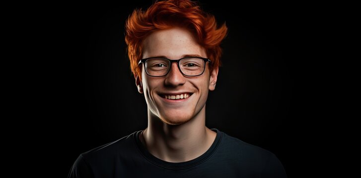 portrait of a smiling red-haired boy wearing glasses with a black T-shirt and black background