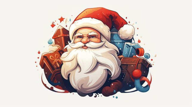  a picture of a santa claus with a bag of presents and a train on a white background with a splash of red and blue paint on the bottom of the image.