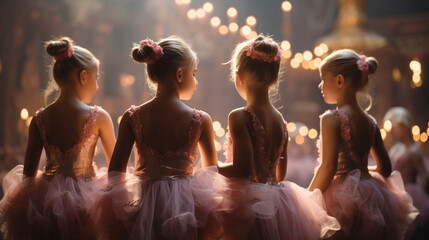 Poster A group of adorable little ballerinas, in pink costumes, face to scene in theater or concert hall before performance in dance suits - obrazy, fototapety, plakaty