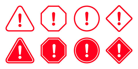 Warning, precaution, attention, alert icon, set red exclamation mark in different shape – stock vector