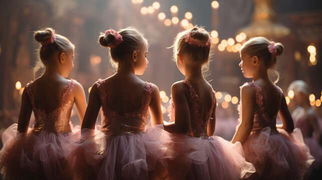 Fototapeta Poster A group of adorable little ballerinas, in pink costumes, face to scene in theater or concert hall before performance in dance suits