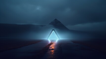 3d illustration of an abstract dark corridor with neon lights and a triangle.