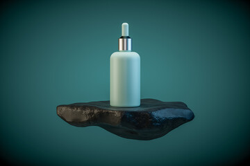 3d illustration of cosmetic container standing on black rock pedestal over dark teal background. Cosmetic dropper bottle with no label