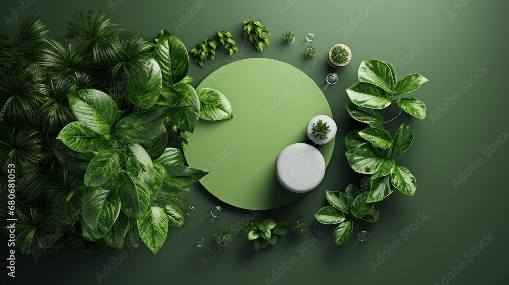 Poster  an overhead view of a green table surrounded by green leaves and a white round object with a green center surrounded by other green objects on a dark green background with.
