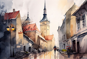 Tallinn, Estonia, Eesti watercolor artwork. AI generative - obrazy, fototapety, plakaty