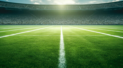 Green football field with grass at sunset.